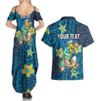 Personalised Gold Coast Titans Couples Matching Summer Maxi Dress and Hawaiian Shirt Polynesian Tribal Pattern With Rugby Titan Mascot Art