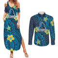 Personalised Gold Coast Titans Couples Matching Summer Maxi Dress and Long Sleeve Button Shirt Polynesian Tribal Pattern With Rugby Titan Mascot Art