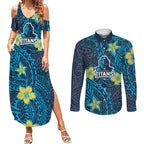 Personalised Gold Coast Titans Couples Matching Summer Maxi Dress and Long Sleeve Button Shirt Polynesian Tribal Pattern With Rugby Titan Mascot Art