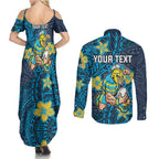 Personalised Gold Coast Titans Couples Matching Summer Maxi Dress and Long Sleeve Button Shirt Polynesian Tribal Pattern With Rugby Titan Mascot Art