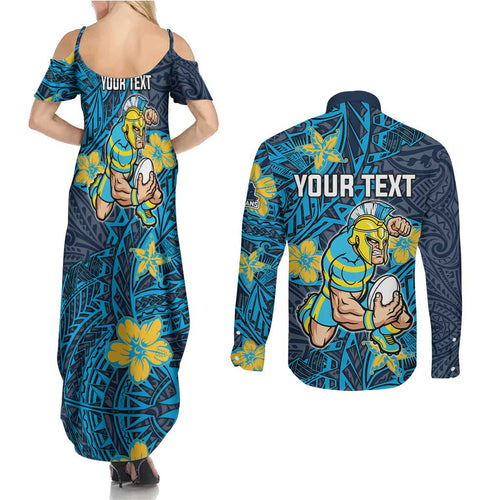 Personalised Gold Coast Titans Couples Matching Summer Maxi Dress and Long Sleeve Button Shirt Polynesian Tribal Pattern With Rugby Titan Mascot Art