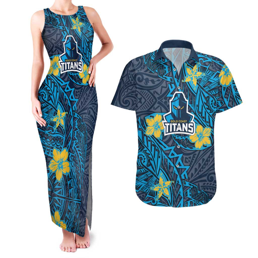 Personalised Gold Coast Titans Couples Matching Tank Maxi Dress and Hawaiian Shirt Polynesian Tribal Pattern With Rugby Titan Mascot Art
