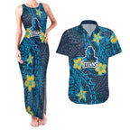 Personalised Gold Coast Titans Couples Matching Tank Maxi Dress and Hawaiian Shirt Polynesian Tribal Pattern With Rugby Titan Mascot Art