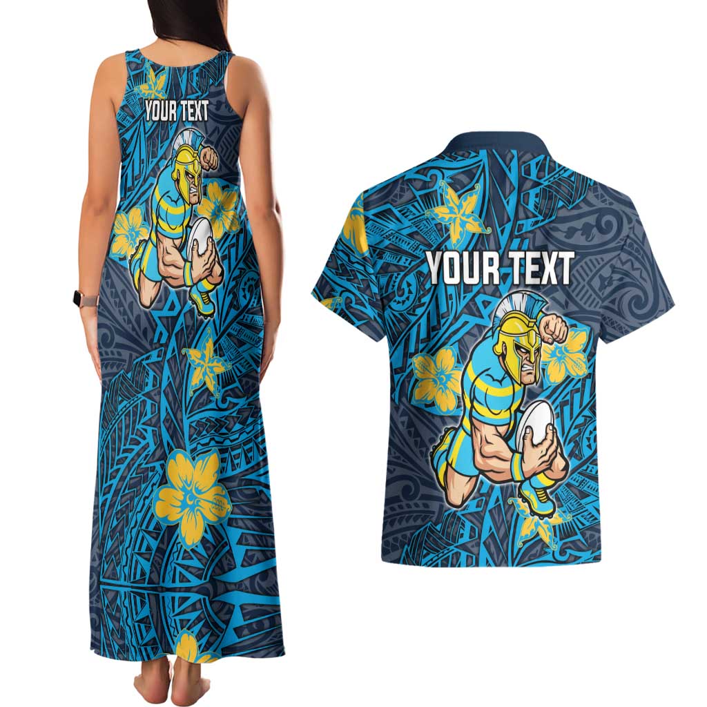Personalised Gold Coast Titans Couples Matching Tank Maxi Dress and Hawaiian Shirt Polynesian Tribal Pattern With Rugby Titan Mascot Art