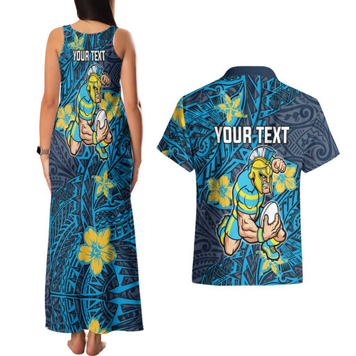 Personalised Gold Coast Titans Couples Matching Tank Maxi Dress and Hawaiian Shirt Polynesian Tribal Pattern With Rugby Titan Mascot Art