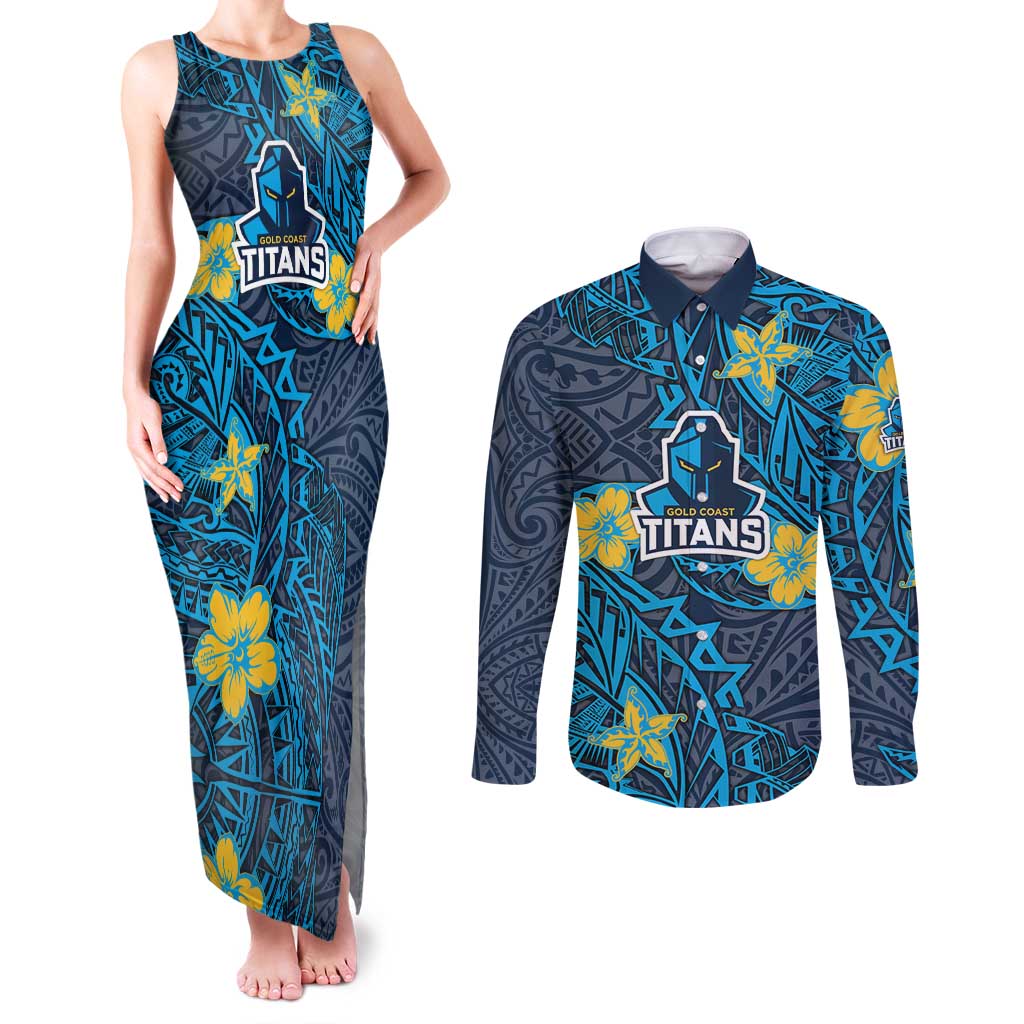 Personalised Gold Coast Titans Couples Matching Tank Maxi Dress and Long Sleeve Button Shirt Polynesian Tribal Pattern With Rugby Titan Mascot Art