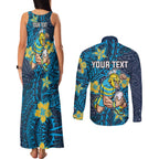 Personalised Gold Coast Titans Couples Matching Tank Maxi Dress and Long Sleeve Button Shirt Polynesian Tribal Pattern With Rugby Titan Mascot Art