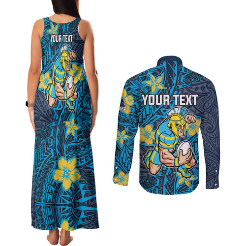 Personalised Gold Coast Titans Couples Matching Tank Maxi Dress and Long Sleeve Button Shirt Polynesian Tribal Pattern With Rugby Titan Mascot Art