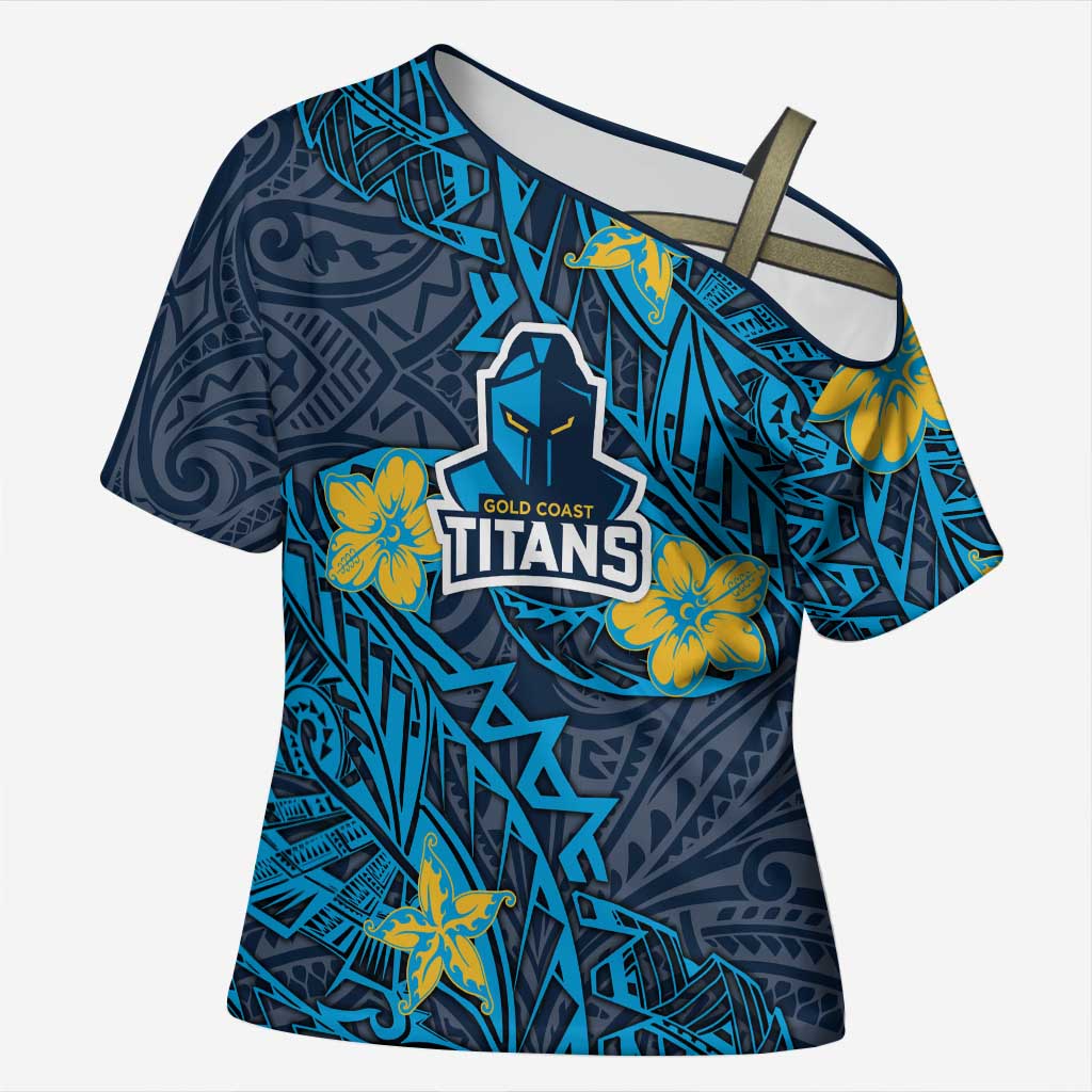 Personalised Gold Coast Titans Cross Shoulder Shirt Polynesian Tribal Pattern With Rugby Titan Mascot Art