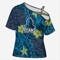 Personalised Gold Coast Titans Cross Shoulder Shirt Polynesian Tribal Pattern With Rugby Titan Mascot Art