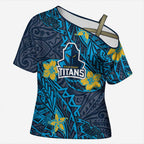 Personalised Gold Coast Titans Cross Shoulder Shirt Polynesian Tribal Pattern With Rugby Titan Mascot Art