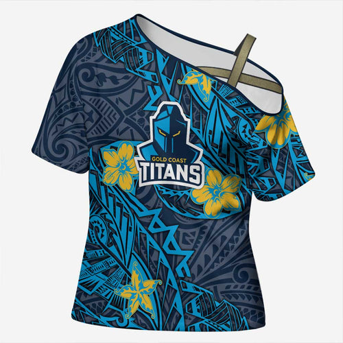 Personalised Gold Coast Titans Cross Shoulder Shirt Polynesian Tribal Pattern With Rugby Titan Mascot Art