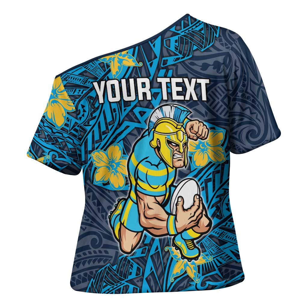 Personalised Gold Coast Titans Cross Shoulder Shirt Polynesian Tribal Pattern With Rugby Titan Mascot Art