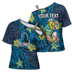 Personalised Gold Coast Titans Cross Shoulder Shirt Polynesian Tribal Pattern With Rugby Titan Mascot Art
