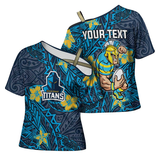 Personalised Gold Coast Titans Cross Shoulder Shirt Polynesian Tribal Pattern With Rugby Titan Mascot Art