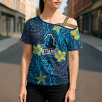 Personalised Gold Coast Titans Cross Shoulder Shirt Polynesian Tribal Pattern With Rugby Titan Mascot Art
