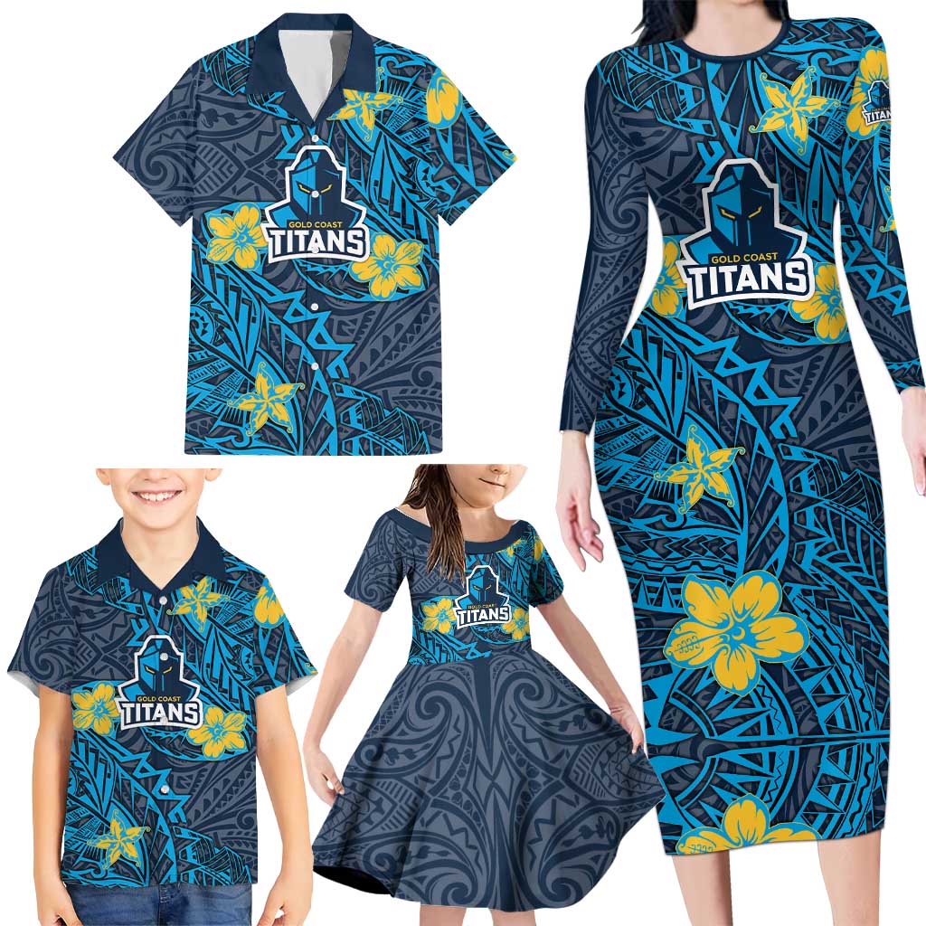 Personalised Gold Coast Titans Family Matching Long Sleeve Bodycon Dress and Hawaiian Shirt Polynesian Tribal Pattern With Rugby Titan Mascot Art