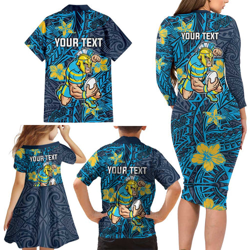 Personalised Gold Coast Titans Family Matching Long Sleeve Bodycon Dress and Hawaiian Shirt Polynesian Tribal Pattern With Rugby Titan Mascot Art