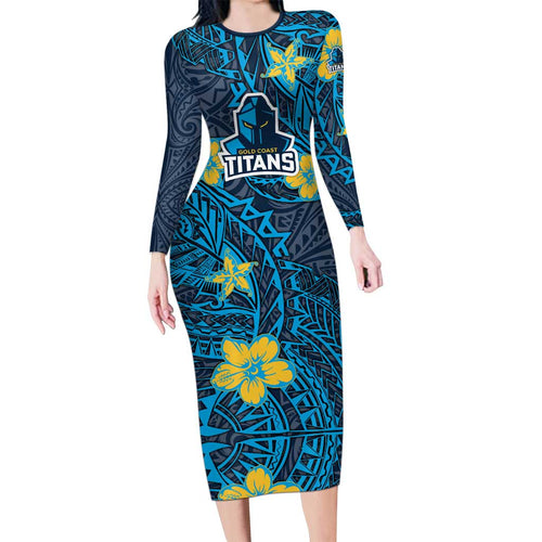 Personalised Gold Coast Titans Family Matching Long Sleeve Bodycon Dress and Hawaiian Shirt Polynesian Tribal Pattern With Rugby Titan Mascot Art