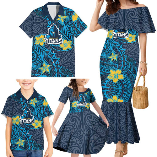 Personalised Gold Coast Titans Family Matching Mermaid Dress and Hawaiian Shirt Polynesian Tribal Pattern With Rugby Titan Mascot Art