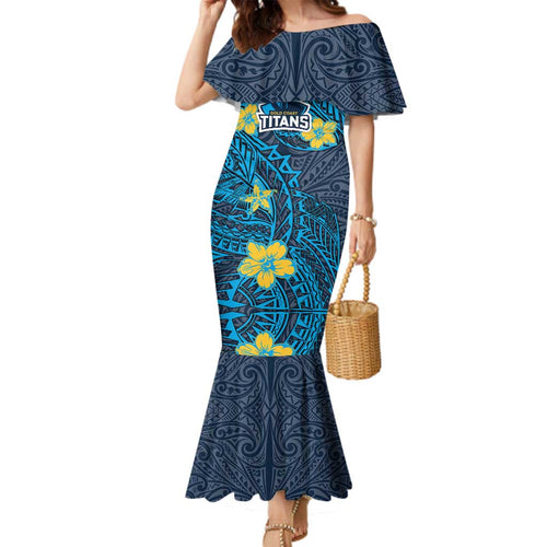 Personalised Gold Coast Titans Family Matching Mermaid Dress and Hawaiian Shirt Polynesian Tribal Pattern With Rugby Titan Mascot Art
