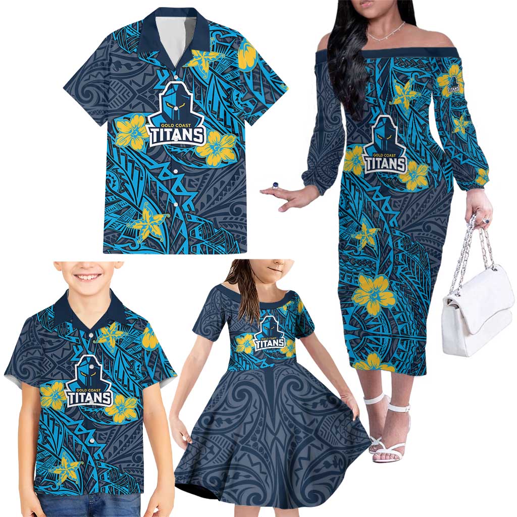 Personalised Gold Coast Titans Family Matching Off The Shoulder Long Sleeve Dress and Hawaiian Shirt Polynesian Tribal Pattern With Rugby Titan Mascot Art
