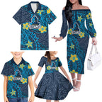 Personalised Gold Coast Titans Family Matching Off The Shoulder Long Sleeve Dress and Hawaiian Shirt Polynesian Tribal Pattern With Rugby Titan Mascot Art