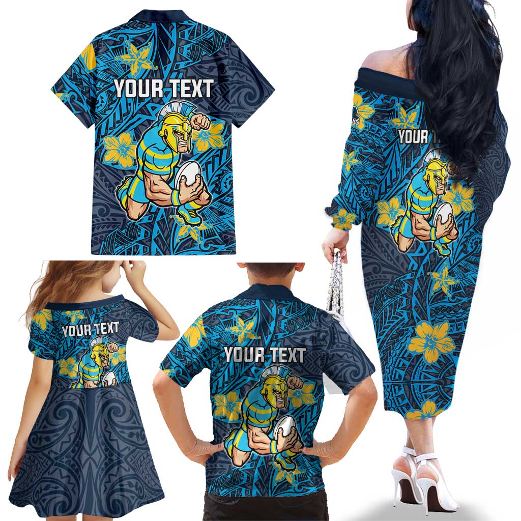 Personalised Gold Coast Titans Family Matching Off The Shoulder Long Sleeve Dress and Hawaiian Shirt Polynesian Tribal Pattern With Rugby Titan Mascot Art