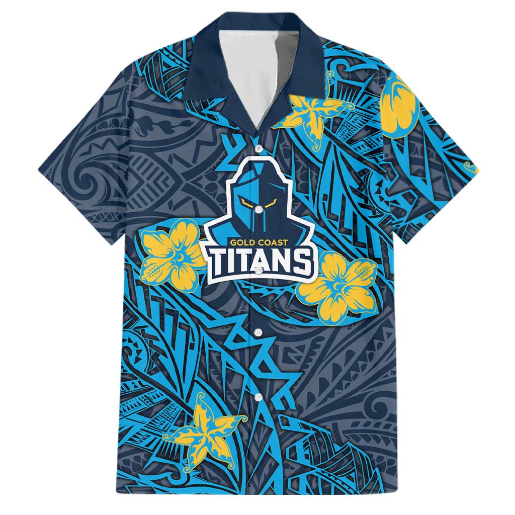 Personalised Gold Coast Titans Family Matching Off The Shoulder Long Sleeve Dress and Hawaiian Shirt Polynesian Tribal Pattern With Rugby Titan Mascot Art