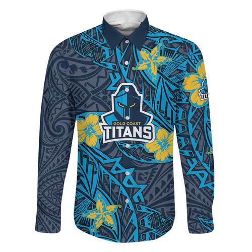 Personalised Gold Coast Titans Family Matching Off The Shoulder Long Sleeve Dress and Hawaiian Shirt Polynesian Tribal Pattern With Rugby Titan Mascot Art