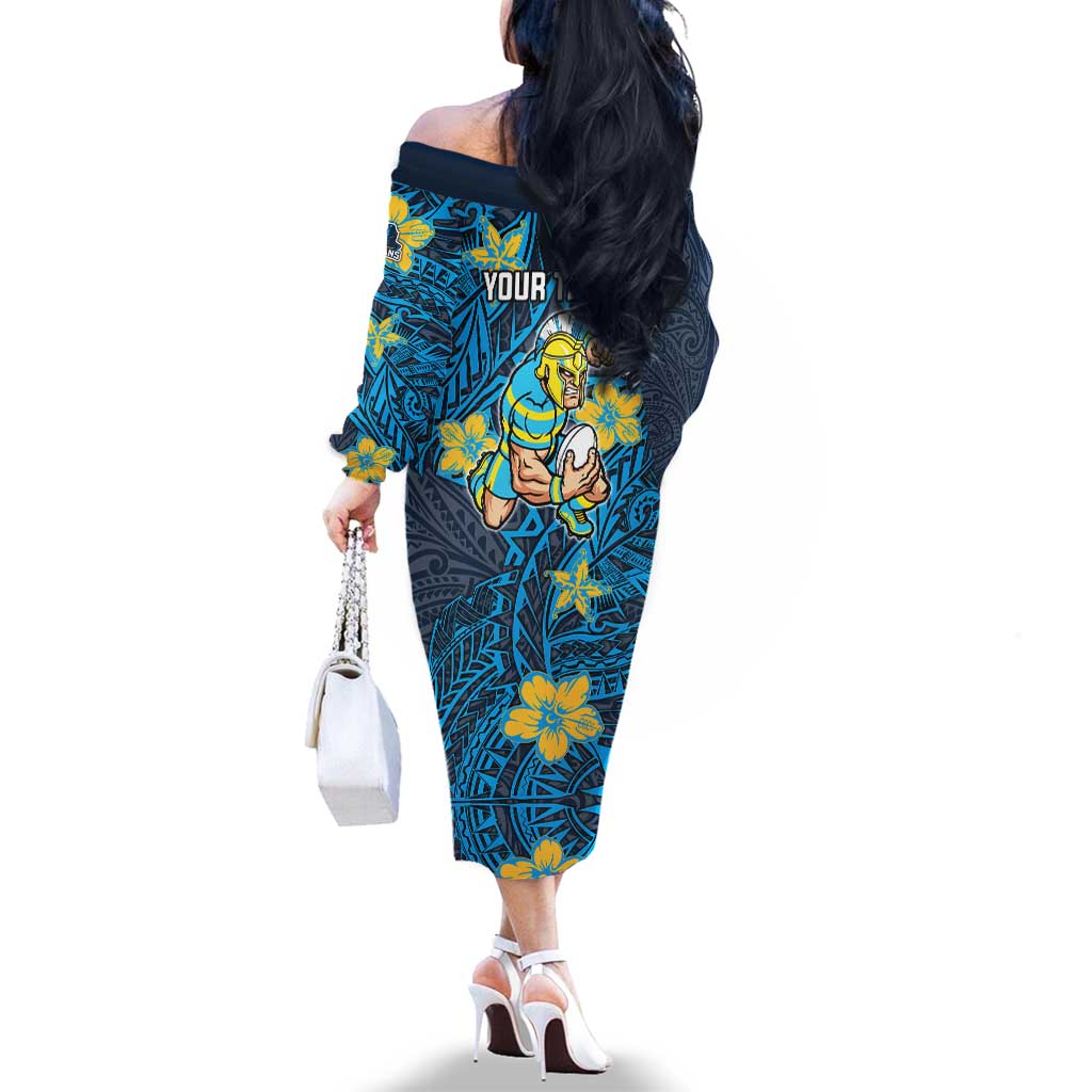 Personalised Gold Coast Titans Family Matching Off The Shoulder Long Sleeve Dress and Hawaiian Shirt Polynesian Tribal Pattern With Rugby Titan Mascot Art