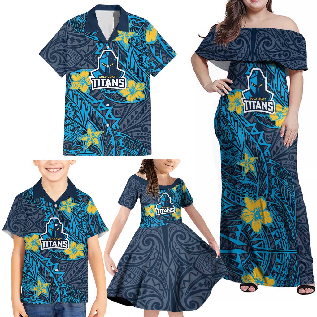Personalised Gold Coast Titans Family Matching Off Shoulder Maxi Dress and Hawaiian Shirt Polynesian Tribal Pattern With Rugby Titan Mascot Art