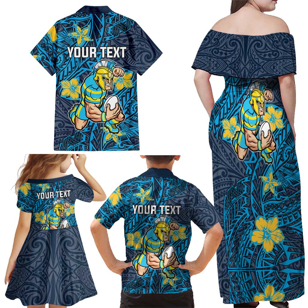 Personalised Gold Coast Titans Family Matching Off Shoulder Maxi Dress and Hawaiian Shirt Polynesian Tribal Pattern With Rugby Titan Mascot Art