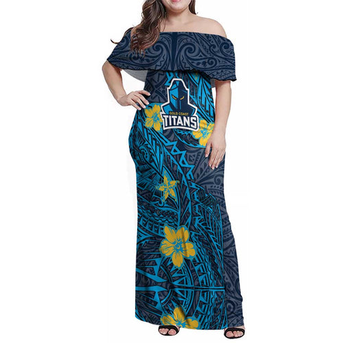 Personalised Gold Coast Titans Family Matching Off Shoulder Maxi Dress and Hawaiian Shirt Polynesian Tribal Pattern With Rugby Titan Mascot Art