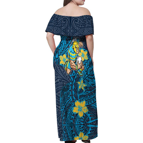 Personalised Gold Coast Titans Family Matching Off Shoulder Maxi Dress and Hawaiian Shirt Polynesian Tribal Pattern With Rugby Titan Mascot Art