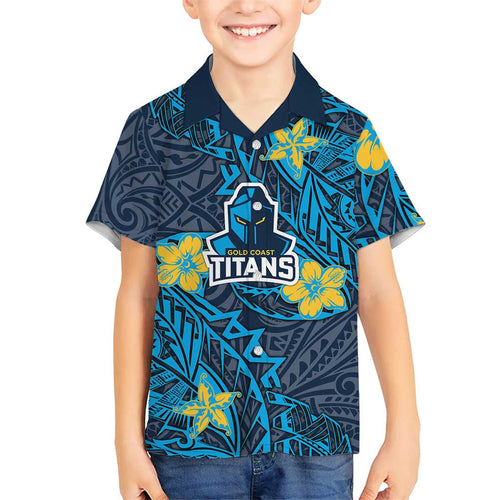 Personalised Gold Coast Titans Family Matching Off Shoulder Maxi Dress and Hawaiian Shirt Polynesian Tribal Pattern With Rugby Titan Mascot Art