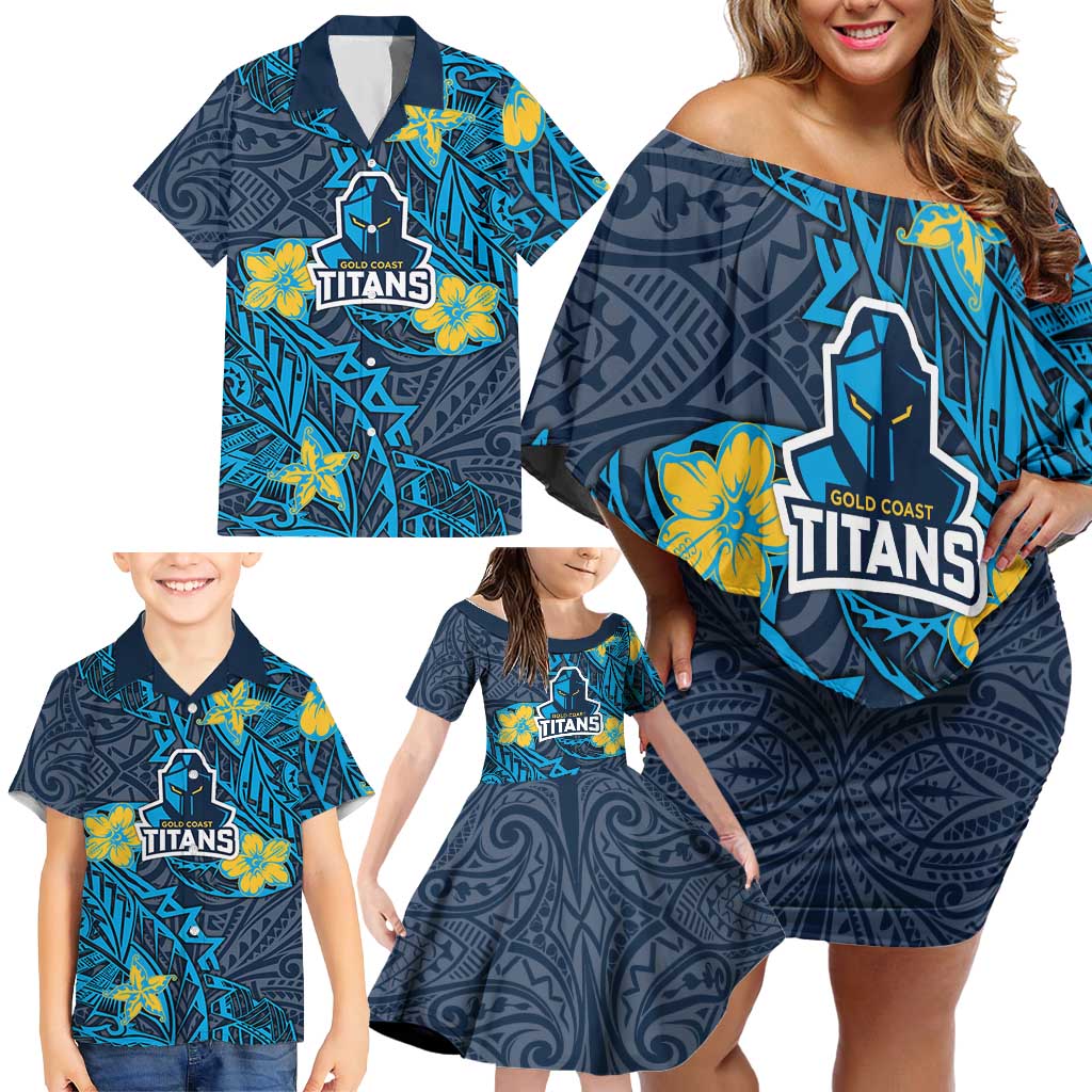 Personalised Gold Coast Titans Family Matching Off Shoulder Short Dress and Hawaiian Shirt Polynesian Tribal Pattern With Rugby Titan Mascot Art