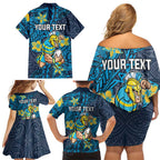 Personalised Gold Coast Titans Family Matching Off Shoulder Short Dress and Hawaiian Shirt Polynesian Tribal Pattern With Rugby Titan Mascot Art