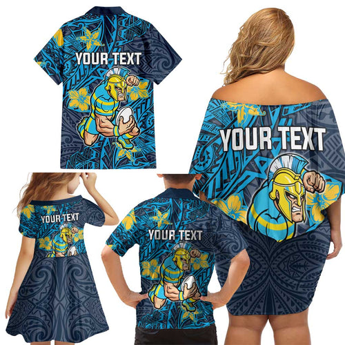 Personalised Gold Coast Titans Family Matching Off Shoulder Short Dress and Hawaiian Shirt Polynesian Tribal Pattern With Rugby Titan Mascot Art