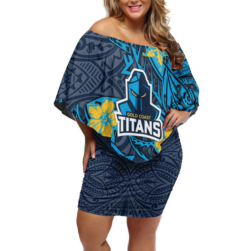 Personalised Gold Coast Titans Family Matching Off Shoulder Short Dress and Hawaiian Shirt Polynesian Tribal Pattern With Rugby Titan Mascot Art