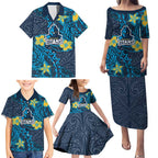 Personalised Gold Coast Titans Family Matching Puletasi and Hawaiian Shirt Polynesian Tribal Pattern With Rugby Titan Mascot Art