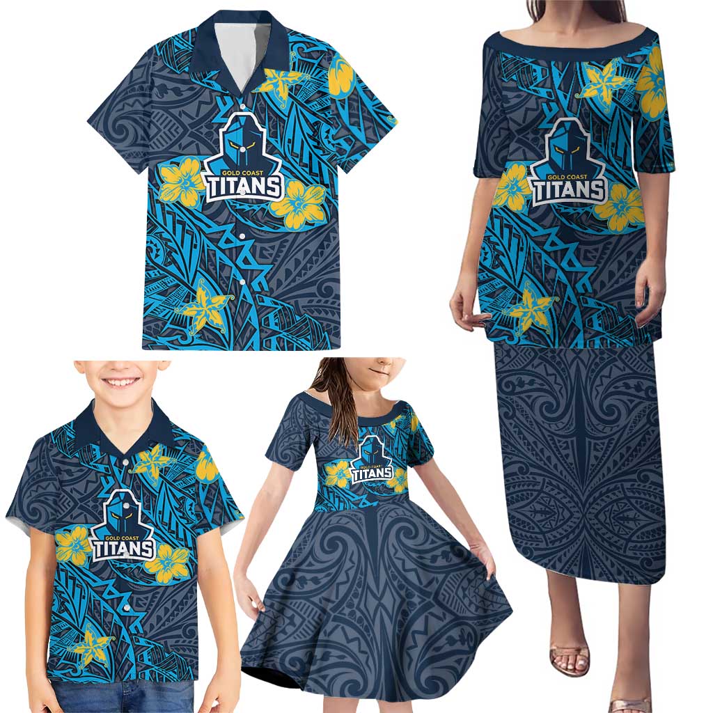 Personalised Gold Coast Titans Family Matching Puletasi and Hawaiian Shirt Polynesian Tribal Pattern With Rugby Titan Mascot Art