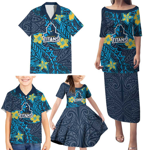 Personalised Gold Coast Titans Family Matching Puletasi and Hawaiian Shirt Polynesian Tribal Pattern With Rugby Titan Mascot Art