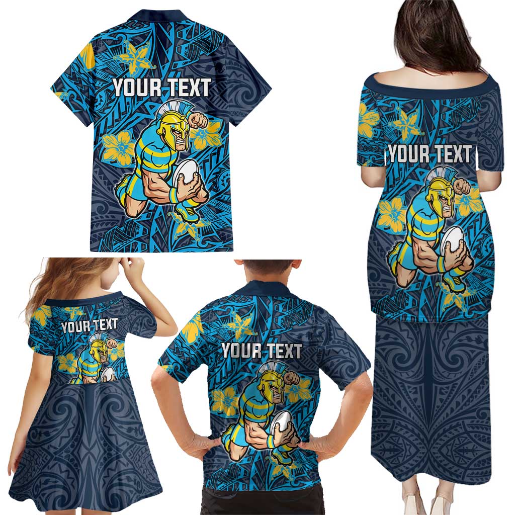 Personalised Gold Coast Titans Family Matching Puletasi and Hawaiian Shirt Polynesian Tribal Pattern With Rugby Titan Mascot Art