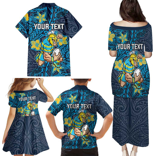 Personalised Gold Coast Titans Family Matching Puletasi and Hawaiian Shirt Polynesian Tribal Pattern With Rugby Titan Mascot Art