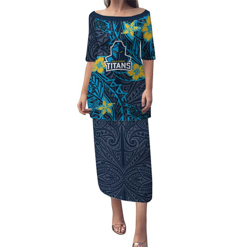 Personalised Gold Coast Titans Family Matching Puletasi and Hawaiian Shirt Polynesian Tribal Pattern With Rugby Titan Mascot Art