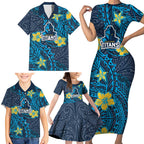 Personalised Gold Coast Titans Family Matching Short Sleeve Bodycon Dress and Hawaiian Shirt Polynesian Tribal Pattern With Rugby Titan Mascot Art
