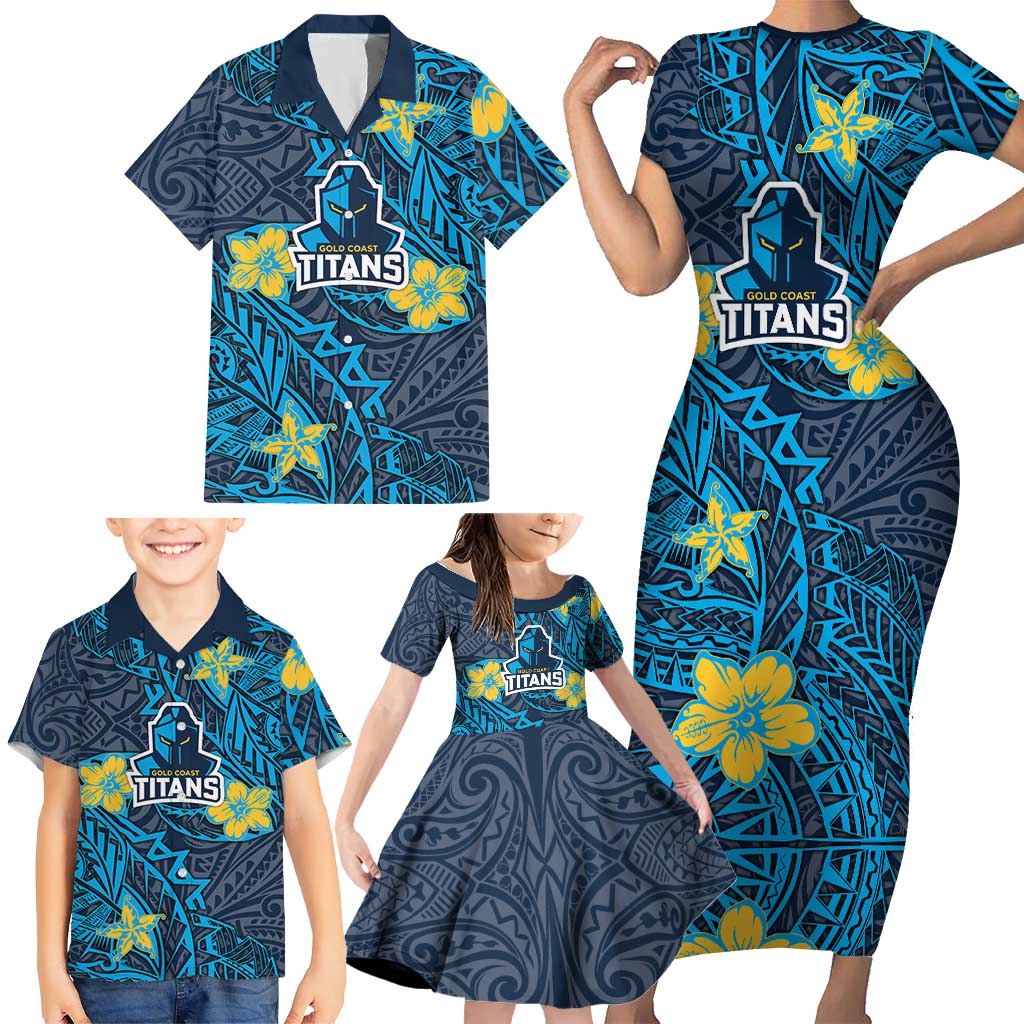 Personalised Gold Coast Titans Family Matching Short Sleeve Bodycon Dress and Hawaiian Shirt Polynesian Tribal Pattern With Rugby Titan Mascot Art