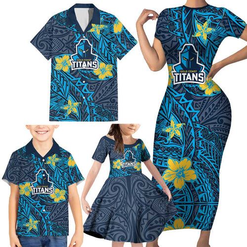 Personalised Gold Coast Titans Family Matching Short Sleeve Bodycon Dress and Hawaiian Shirt Polynesian Tribal Pattern With Rugby Titan Mascot Art