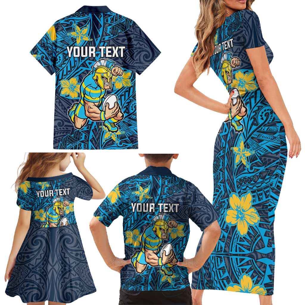 Personalised Gold Coast Titans Family Matching Short Sleeve Bodycon Dress and Hawaiian Shirt Polynesian Tribal Pattern With Rugby Titan Mascot Art